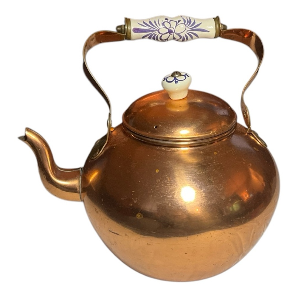 Large Vintage Copper Tea Kettle with Floral Handle. Made in Portugal.